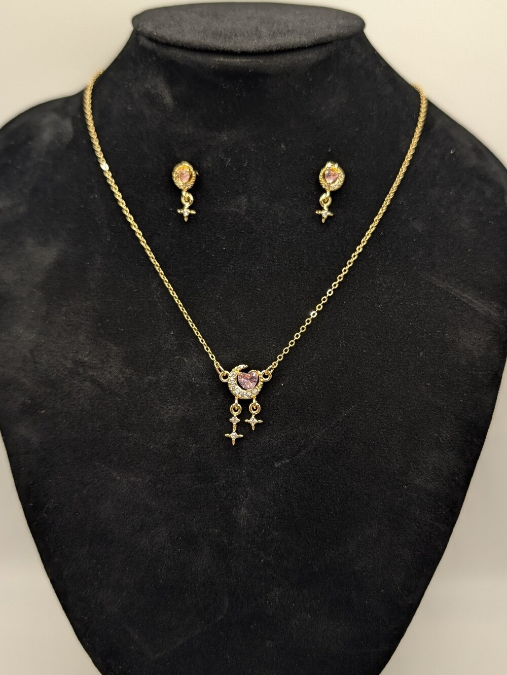 24k Gold Plate Pink Crystal Heart Crescent Moon Pendant Necklace & Earring Set - Picture 1 of 4